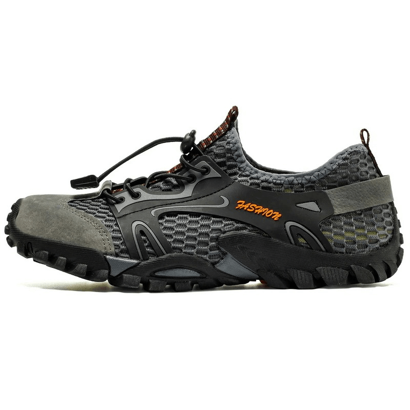 Waterproof non-slip climbing sneakers for men, featuring air mesh and PU leather with a stylish patchwork design and flexible rubber outsole.